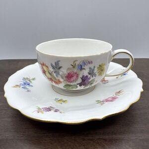 Meissen Flat Cup & Saucer Set Chinoiserie X Mark Crossed Swords Floral AS IS # 2